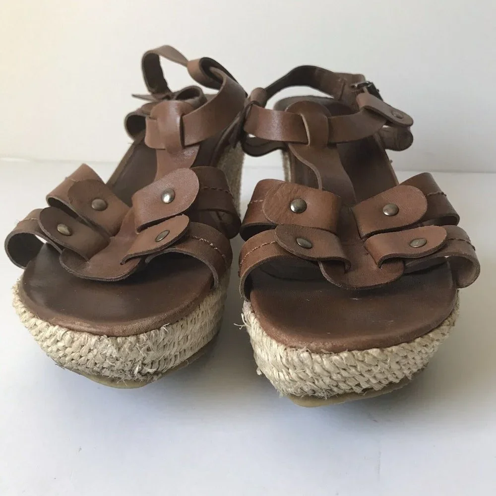 Adelia Brown Leather Espadrille Wedge Sandals Studded Strappy Platform‎ 8.5M
